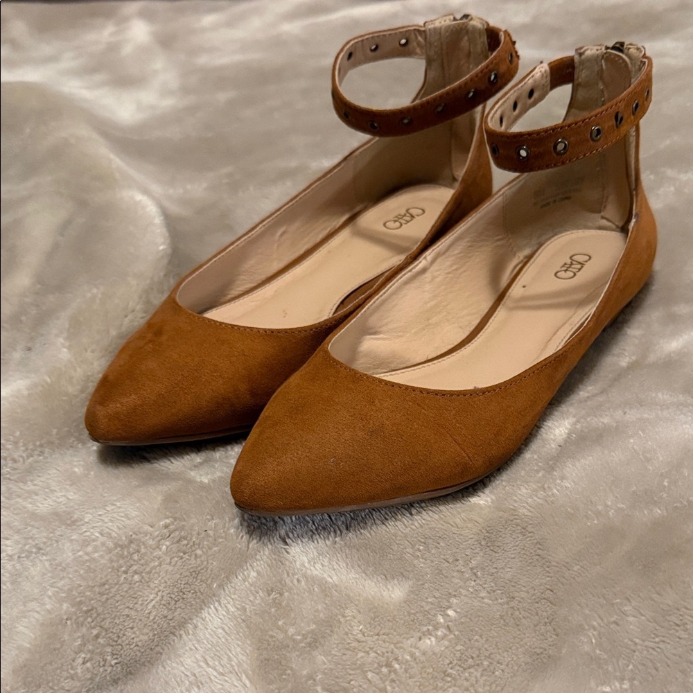 Brown Suede Ankle Strap Flats with Back Zipper